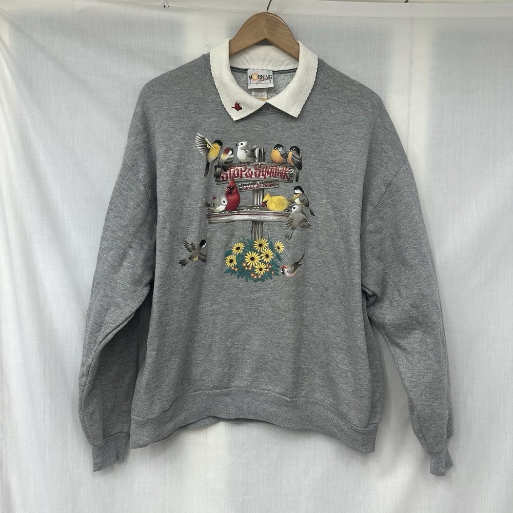 Morning Sun Stop & Squawk Woman's XL Bird Art Grandma Sweatshirt Gray GRANNYCORE